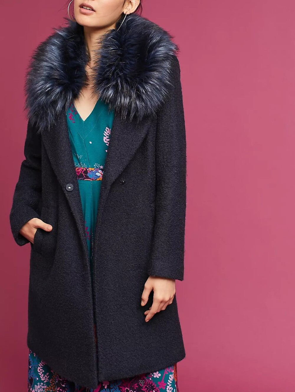 Novelti Navy Blue Faux Fur Trim Collar Wool Car Coat Anthropologie Retro